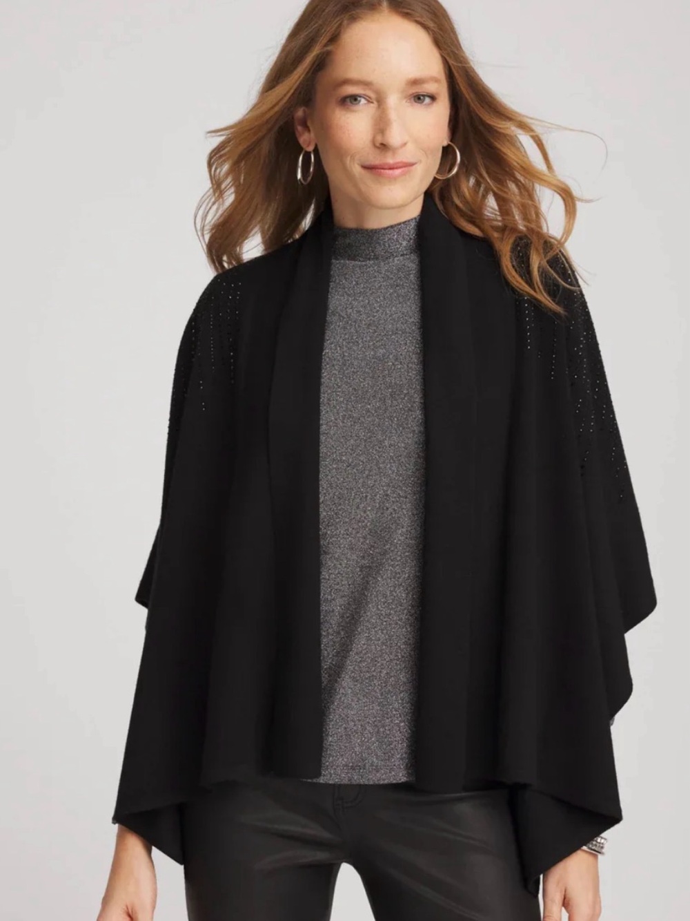 Chico's Black Open-Front Knit Poncho with Subtle Beaded Shoulder Detail